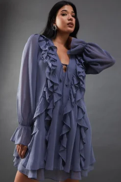 Dresses^Nasty Gal Chiffon Ruffle Front Tie Neck Mini Dress |