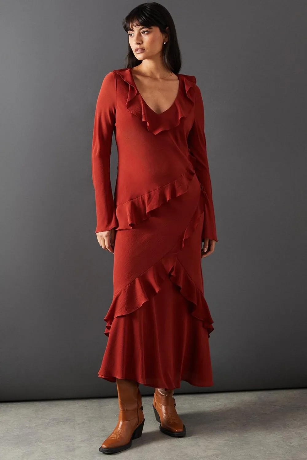 Dresses^Nasty Gal Chiffon Ruffle Seam V Neck Midi Dress |