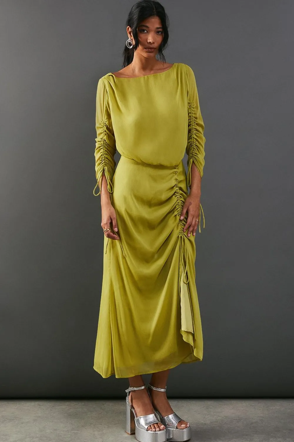 Dresses^Nasty Gal Chiffon Slash Neck Drawstring Detail Midi Dress |