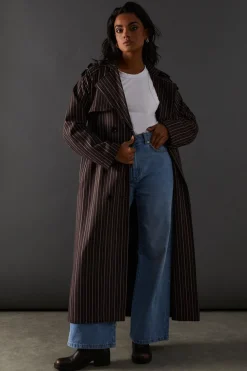 Stripes|Jackets^Nasty Gal Chocolate Pinstripe Belted Trench Coat |