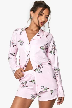 Sleepwear^Nasty Gal Cocktail Print Long Sleeve Shirt & Shorts Pyjama Set |