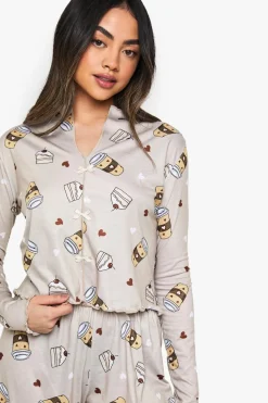 Sleepwear^Nasty Gal Coffee Print Bow Detail Long Sleeve Top & Trousers Pyjama Set |