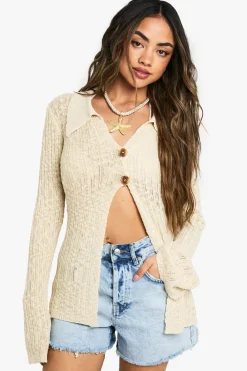 Crochet|Knitwear^Nasty Gal Collared Crochet Textured Cardigan |