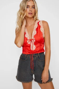 Boho Clothing|Vacation Shop^Nasty Gal Contrast Lace Tie Detail Satin Top |