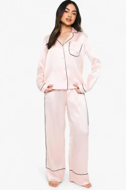 Sleepwear^Nasty Gal Contrast Piping Satin Long Sleeve Shirt & Trousers Pyjama Set |
