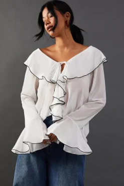 Tops^Nasty Gal Contrast Stitch Ruffle Flared Sleeve Blouse |