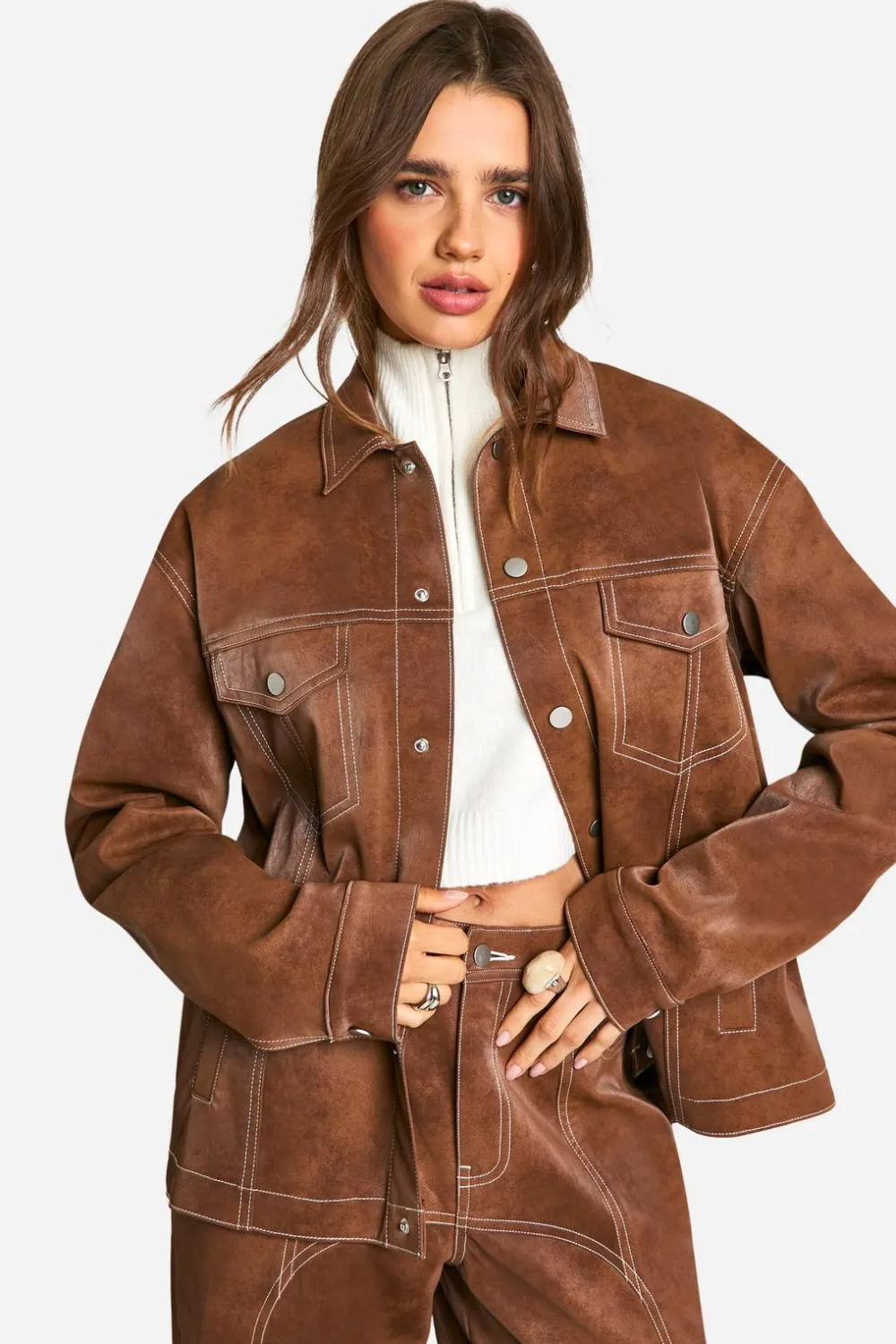 Leather|Jackets^Nasty Gal Contrast Trim Vintage Look Faux Leather Jacket |