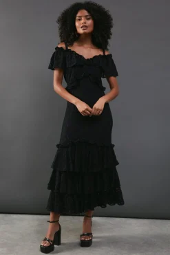 Dresses^Nasty Gal Corded Lace Ruffle Fallen Shoulder Midi Dress |