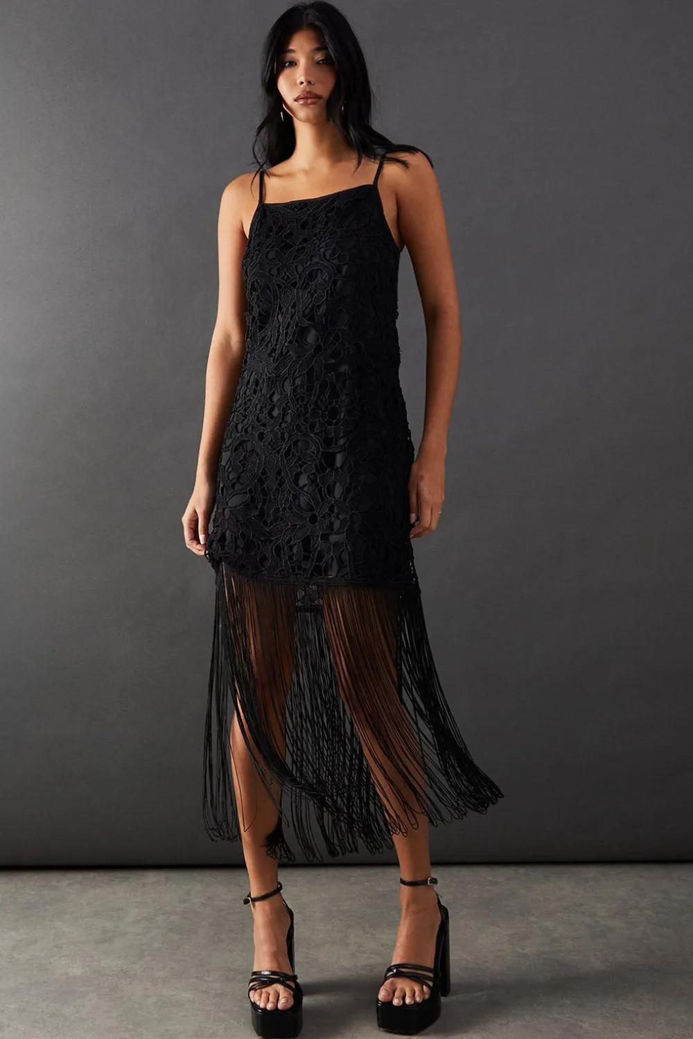 Fringing|Dresses^Nasty Gal Corded Lace Strappy Fringe Hem Mini Dress |