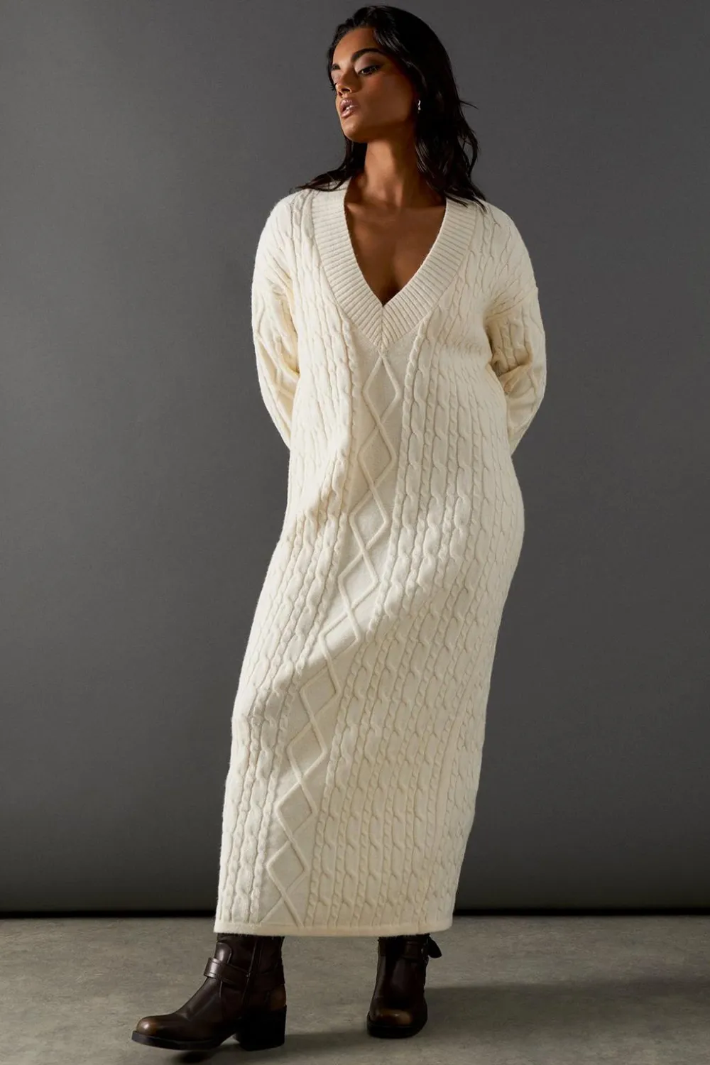 Dresses^Nasty Gal Cosy Cable Knit V Neck Maxi Jumper Dress |
