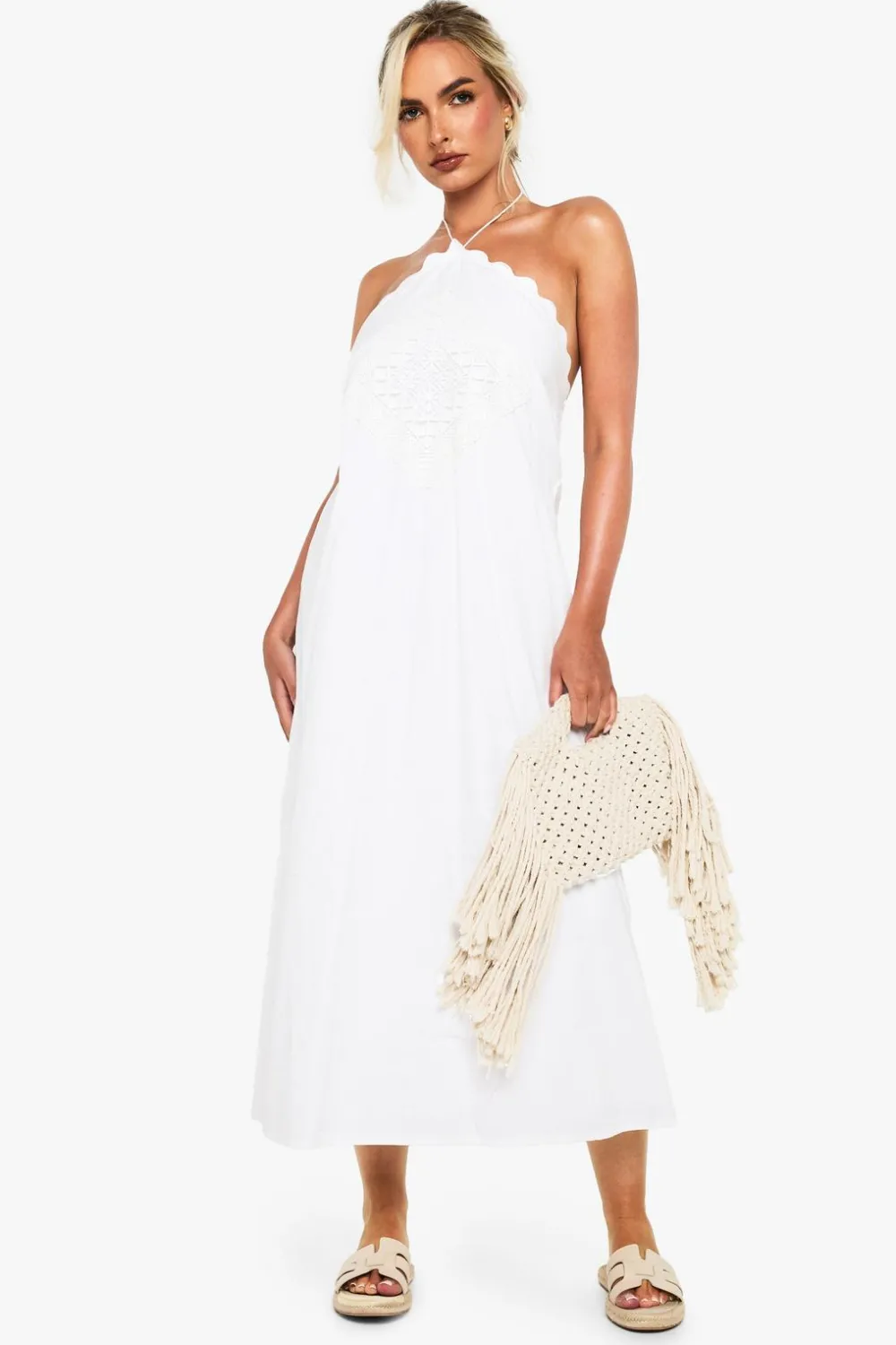 Dresses^Nasty Gal Cotton Crotchet Trim Halterneck Midaxi Dress |