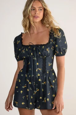 Rompers|Rompers^Nasty Gal Cotton Ditsy Lace Trim Corset Puff Sleeve Romper |
