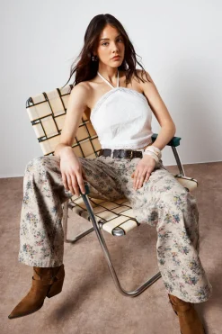 White Outfits|Spring Outfits^Nasty Gal Cotton Embroidered Lace Trim Halter Neck Tie Back Crop Top |