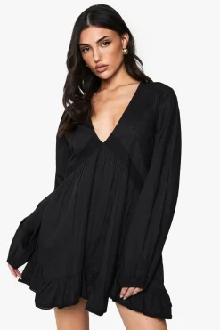 Dresses^Nasty Gal Cotton Lace Trim Long Sleeve Smock Dress |