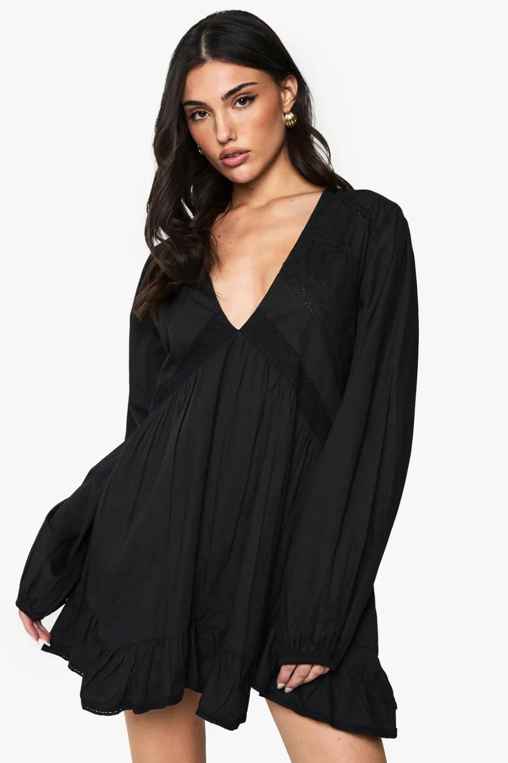 Dresses^Nasty Gal Cotton Lace Trim Long Sleeve Smock Dress |