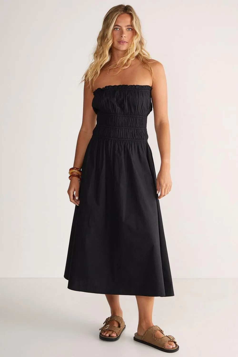 Midi Dresses|Dresses^Nasty Gal Cotton Poplin Bandeau Ruched Midi Dress |
