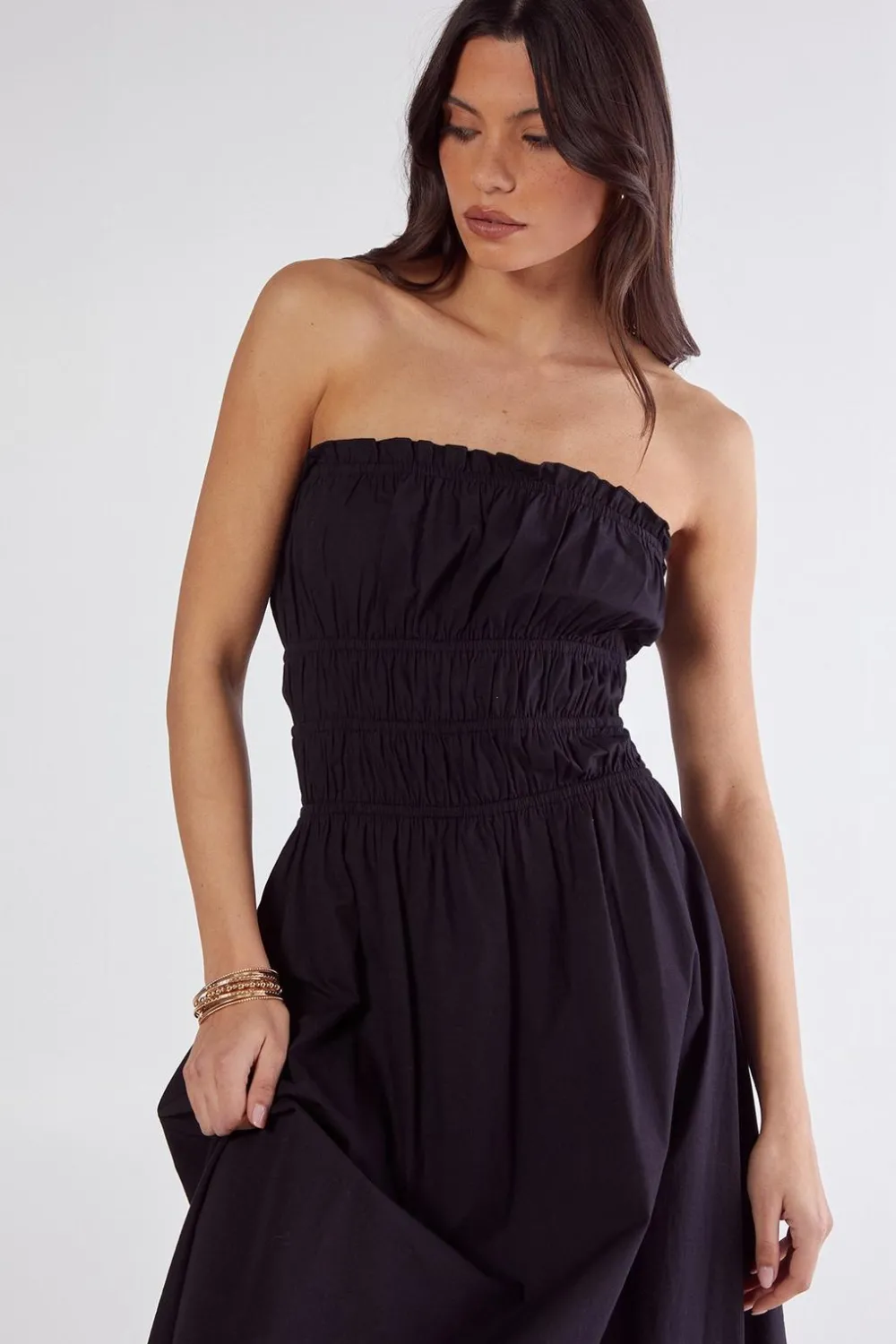 Midi Dresses|Dresses^Nasty Gal Cotton Poplin Bandeau Ruched Midi Dress |