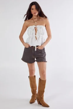 White Outfits|Spring Outfits^Nasty Gal Cotton Poplin Bandeau Ruched Tie Front Top |