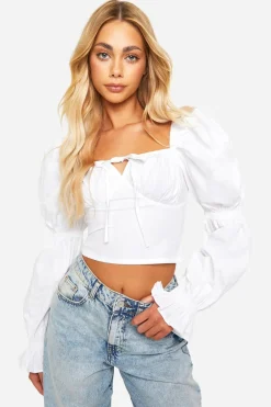 Tops^Nasty Gal Cotton Poplin Puff Sleeve Tie Corset |
