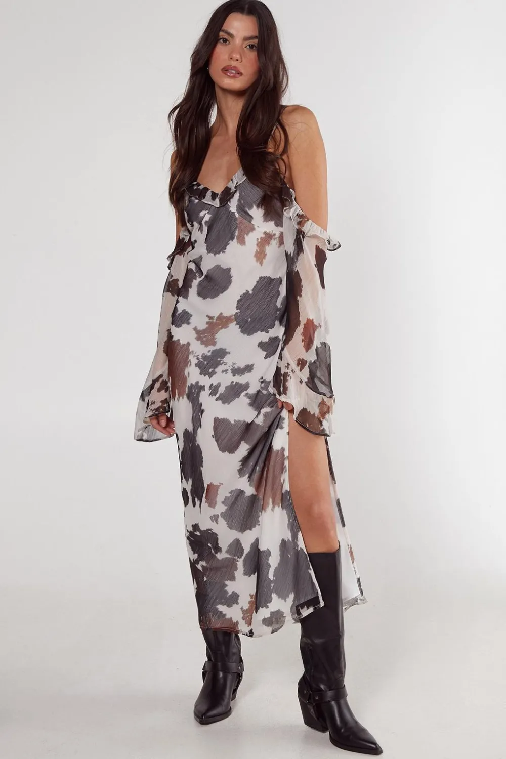 Maxi Dresses|Dresses^Nasty Gal Cow Chiffon Cold Shoulder Bias Cut Split Maxi Dress |