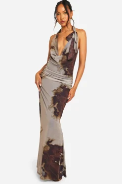Dresses^Nasty Gal Cowl Neck Printed Mesh Tie Neck Maxi Dress |