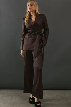 Pants^Nasty Gal Crackled Satin High Waisted Wide Leg Trouser |