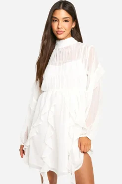 Dresses^Nasty Gal Crinkle Chiffon Funnel Neck Ruffle Smock Dress |