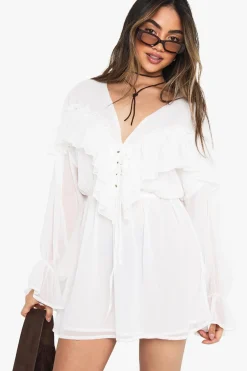 Dresses^Nasty Gal Crinkle Chiffon Ruffle Long Sleeve Mini Dress |