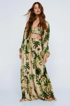 Vacation Shop|Beach Cover Ups^Nasty Gal Crinkle Palm Tree Bandeau And Maxi Kimono 3pc Pants Set |