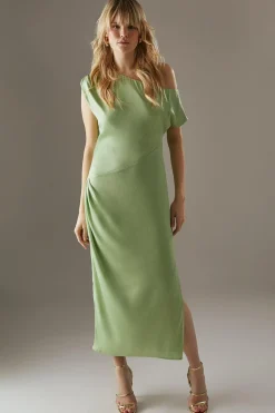 Dresses^Nasty Gal Crinkle Satin Fallen Shoulder Knot Side Midi Dress |