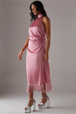 Fringing^Nasty Gal Crinkle Satin Halter Fringe Midi Dress |