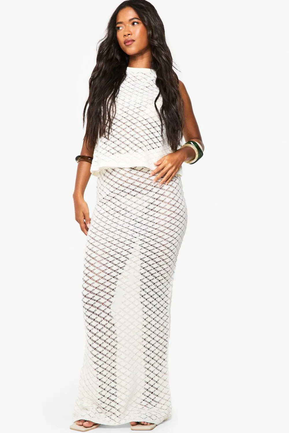 Crochet|Knitwear^Nasty Gal Crochet Button Back Peplum Top and Maxi Skirt Co-Ord |