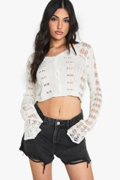 Crochet|Knitwear^Nasty Gal Crochet Frill Sleeve Cardigan |