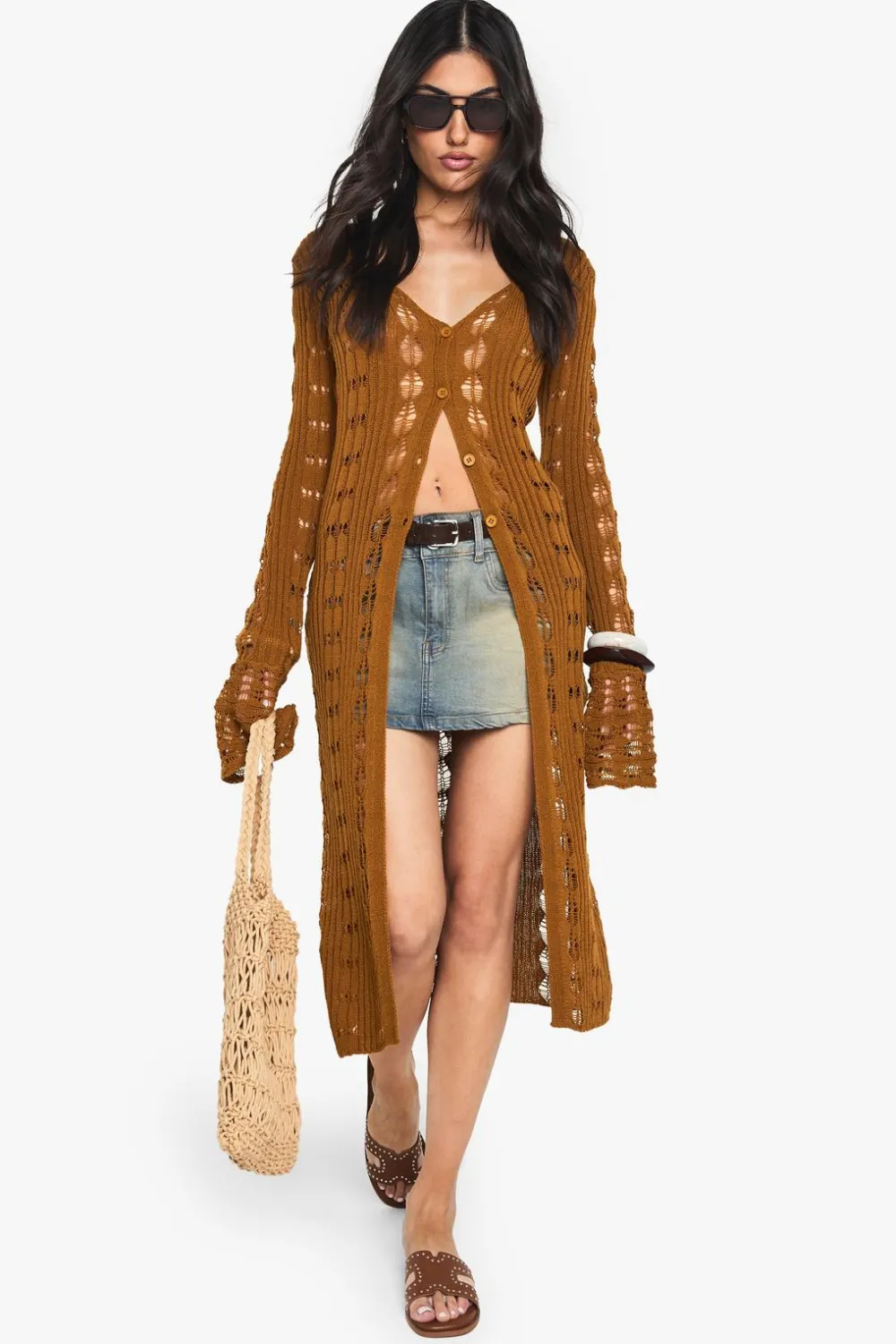 Crochet|Knitwear^Nasty Gal Crochet Frill Sleeve Maxi Cardigan |