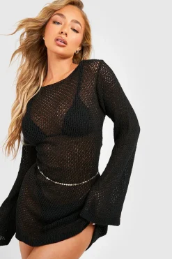 Crochet|Knitwear^Nasty Gal Crochet Knit Flare Sleeve Beach Mini Dress |