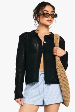 Crochet^Nasty Gal Crochet Knitted Button Through Collared Cardigan |