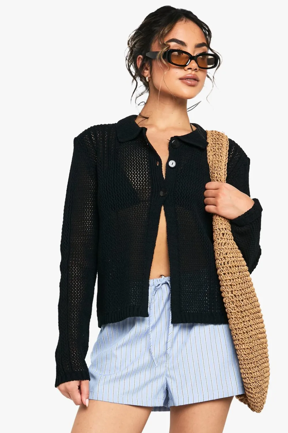 Crochet^Nasty Gal Crochet Knitted Button Through Collared Cardigan |