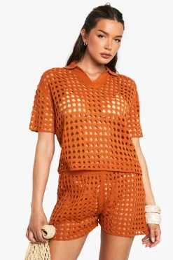 Crochet|Knitwear^Nasty Gal Crochet Oversized Shirt and Knitted Short Set |
