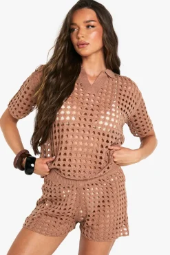 Crochet|Knitwear^Nasty Gal Crochet Oversized Shirt and Knitted Short Set |