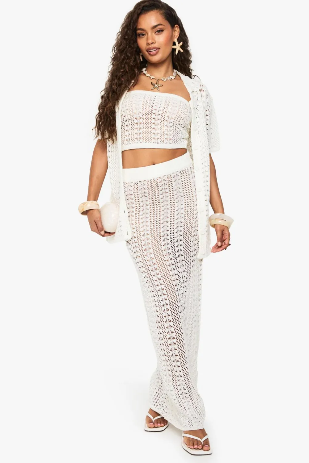 Crochet|Knitwear^Nasty Gal Crochet Oversized Shirt, Bandeau Top and Maxi Skirt Set |