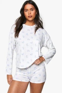 Sleepwear^Nasty Gal Croissant Print Soft Rib Long Sleeve T-Shirt & Boxer Shorts Pyjama Set |