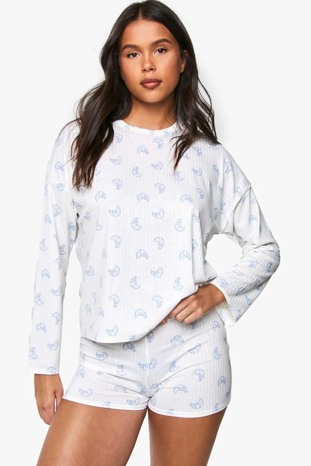 Sleepwear^Nasty Gal Croissant Print Soft Rib Long Sleeve T-Shirt & Boxer Shorts Pyjama Set |