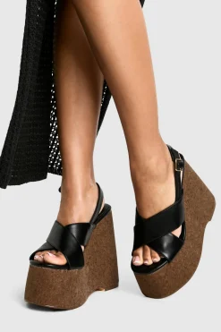 Heels^Nasty Gal Crossover Cork Detail Platform Wedges |