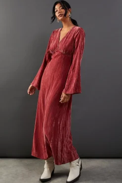 Dresses^Nasty Gal Crushed Velvet Plunge Neck Lace Insert Midi Dress |