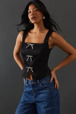Tops^Nasty Gal Crystal Bow Satin Tie Front Corset Top |