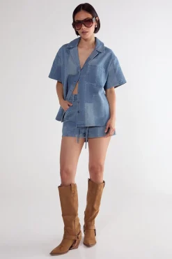 Denim|Denim^Nasty Gal Denim Patchwork Contrast Stitch Resort Shirt |
