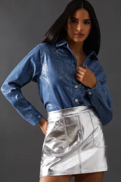 Sequin Outfits|Tops^Nasty Gal Denim Sequin Oversized Shirt |