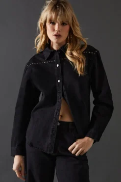 Tops^Nasty Gal Denim Stud Yoke Oversized Shirt |