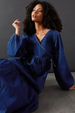 Dresses^Nasty Gal Denim Wrap Midi Smock Dress |
