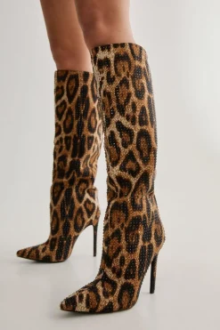 Knee High Boots|Heeled Boots^Nasty Gal Diamante Embellished Leopard Print Knee High Heeled Boot |